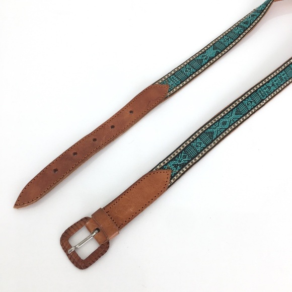 Blue and Brown Leather Belt with Turquoise Accents - Picture 3 of 9